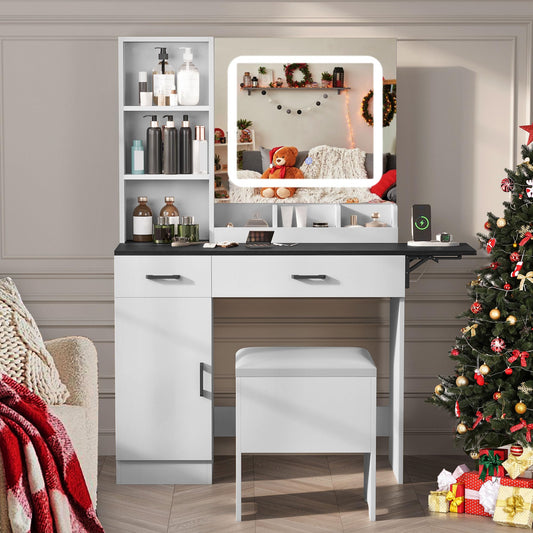 NUNU LAB Vanity Desk with Mirror and Lights with 6 Drawers and 4 Cabinets, Big Women Makeup Table with Power Outlet, 3-Color Adjustable Lighting for Bedroom Brown (Black)