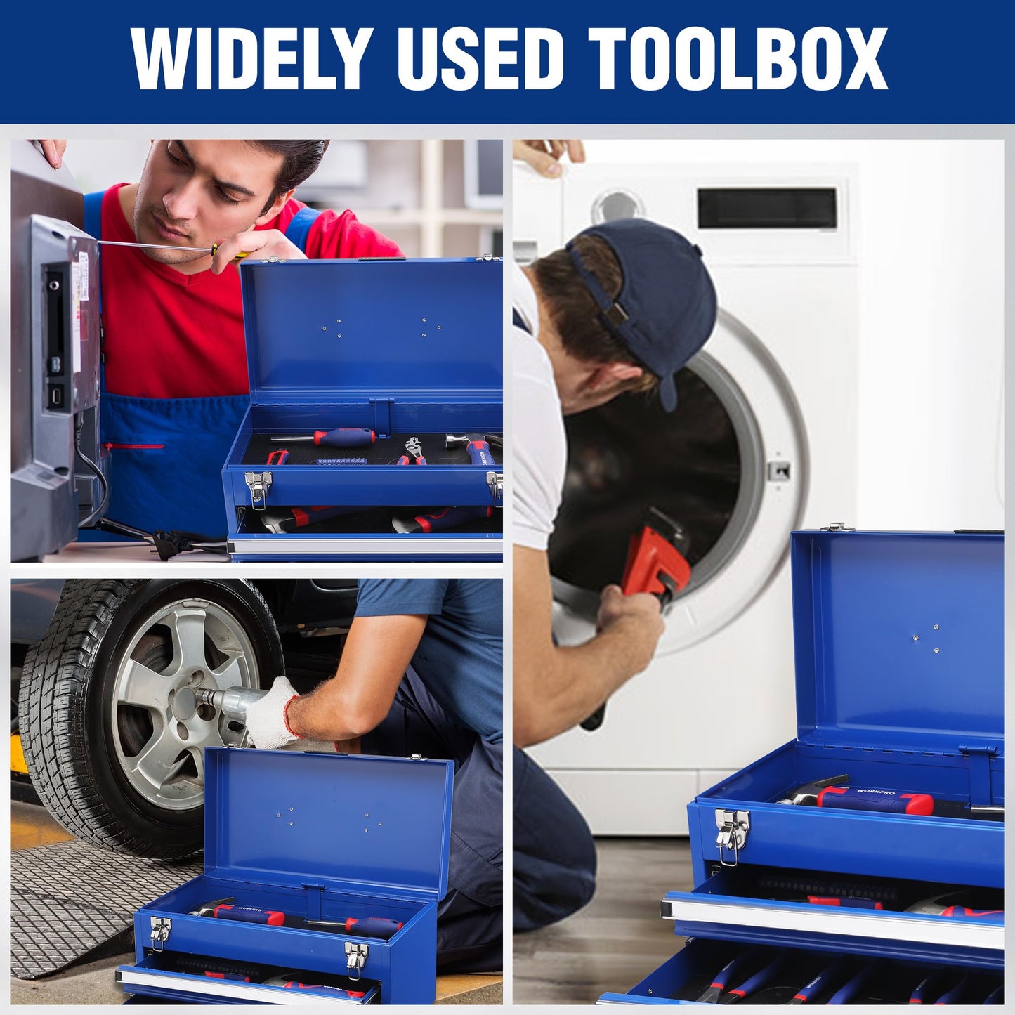 WORKPRO Tool Box with Drawers, 18 Inch with 2 Drawers and 1 Top Storage, Portable Toolbox with Metal Latch and Liner for Garage, Office and Home Storage, 100 LBS Load Capacity (Totally)