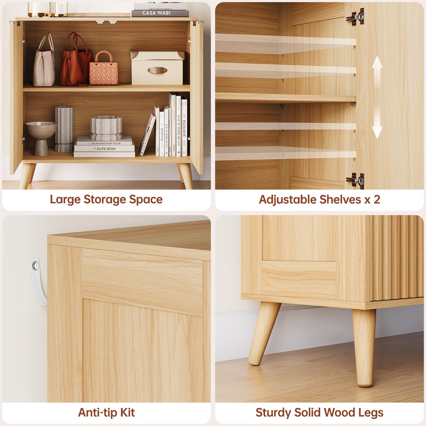 EPLICEMR Fluted Sideboard Buffet Cabinet with Storage, 2 Doors Modern Sideboard Cabinet for Living Room, Wood Coffee Bar Cabinets with Adjustable Shelves Accent Credenza for Kitchen, Entryway, Natural