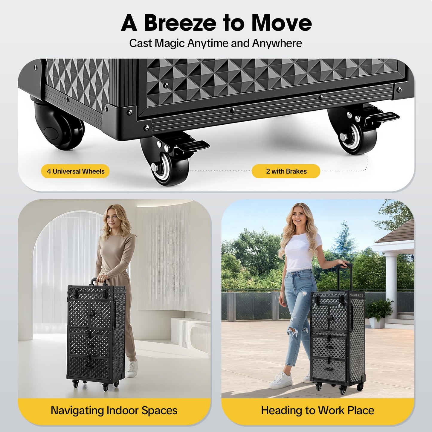 Beauty Rolling Makeup Train Case, Professional Lockable Rolling Salon Luggage, 15.35x10.4x32.28in Hairdressing Cart Storage Organizer Trolley Cosmetic Case, 4 Universal Wheels, Retractable Tray