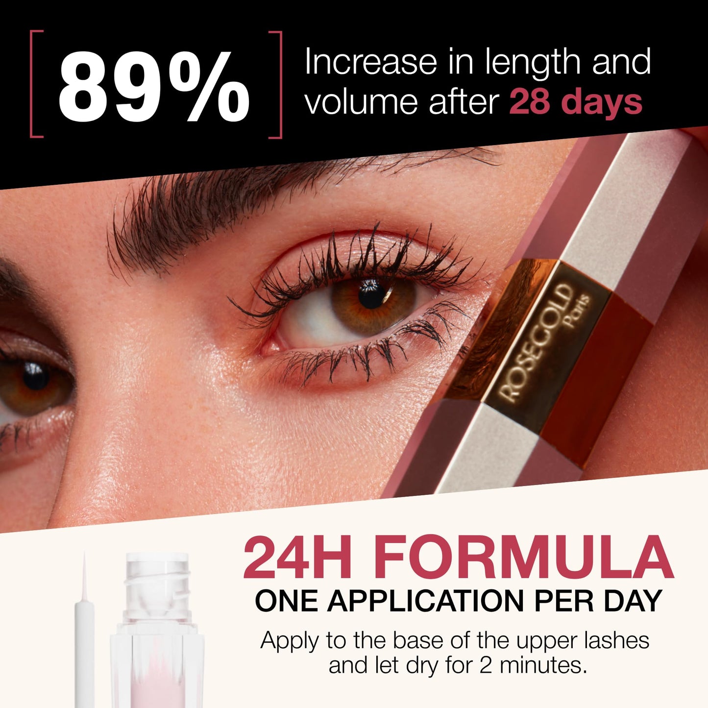 ROSEGOLD ROSELASH Advanced Eyelash Growth Serum Lash Serum Eyelash Enhancer for Fuller Longer Thicker Lashes - 95% Natural Made in France - Hormone Free Fragrance Free Vegan Cruelty Free