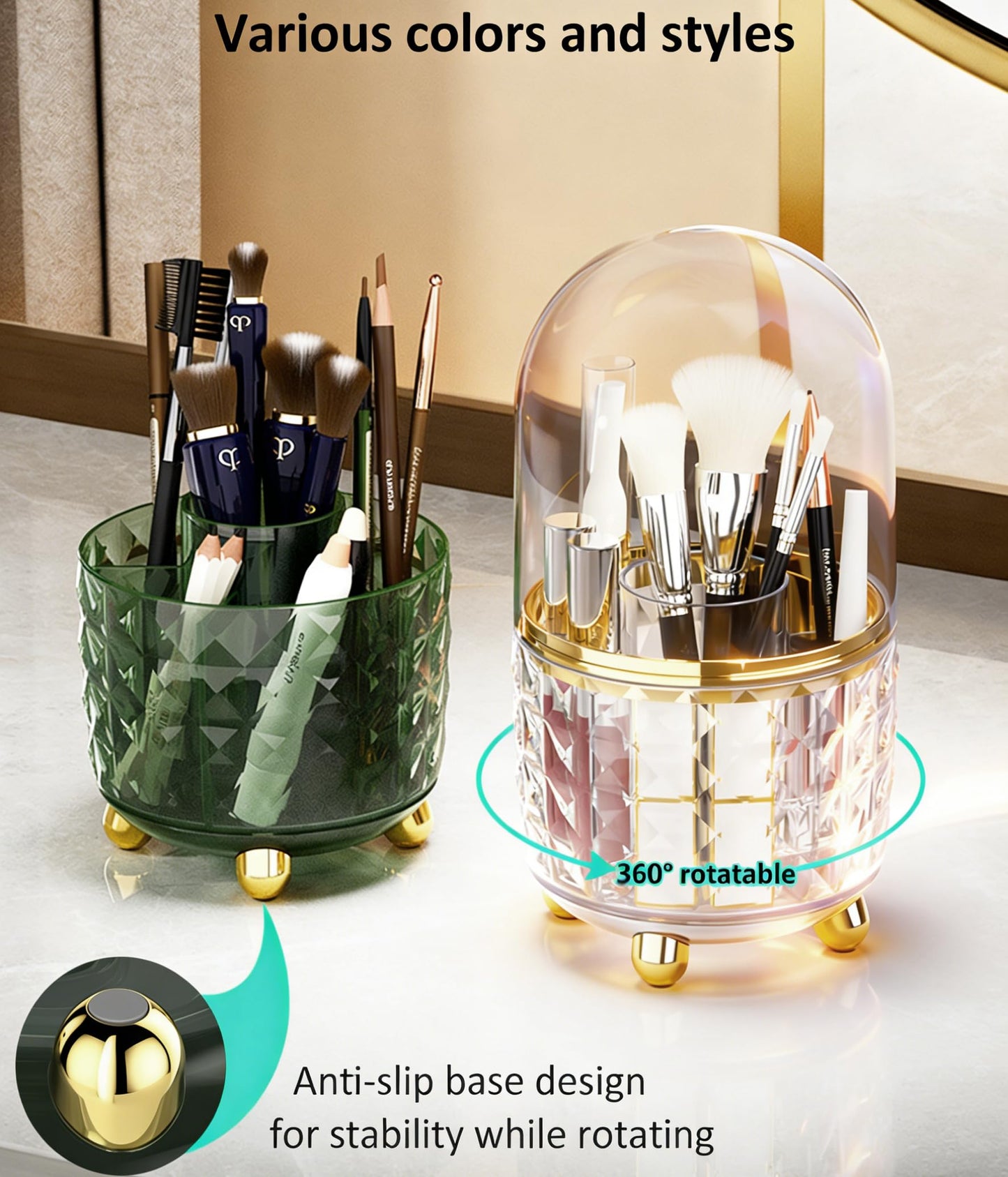 GOTOBA 360° Rotating Pencil Holder for Desk, Makeup Brush Holder with 6 Slots, Desk Organizer for Writing Utensil, Office and School Supplies (Clear with cover)
