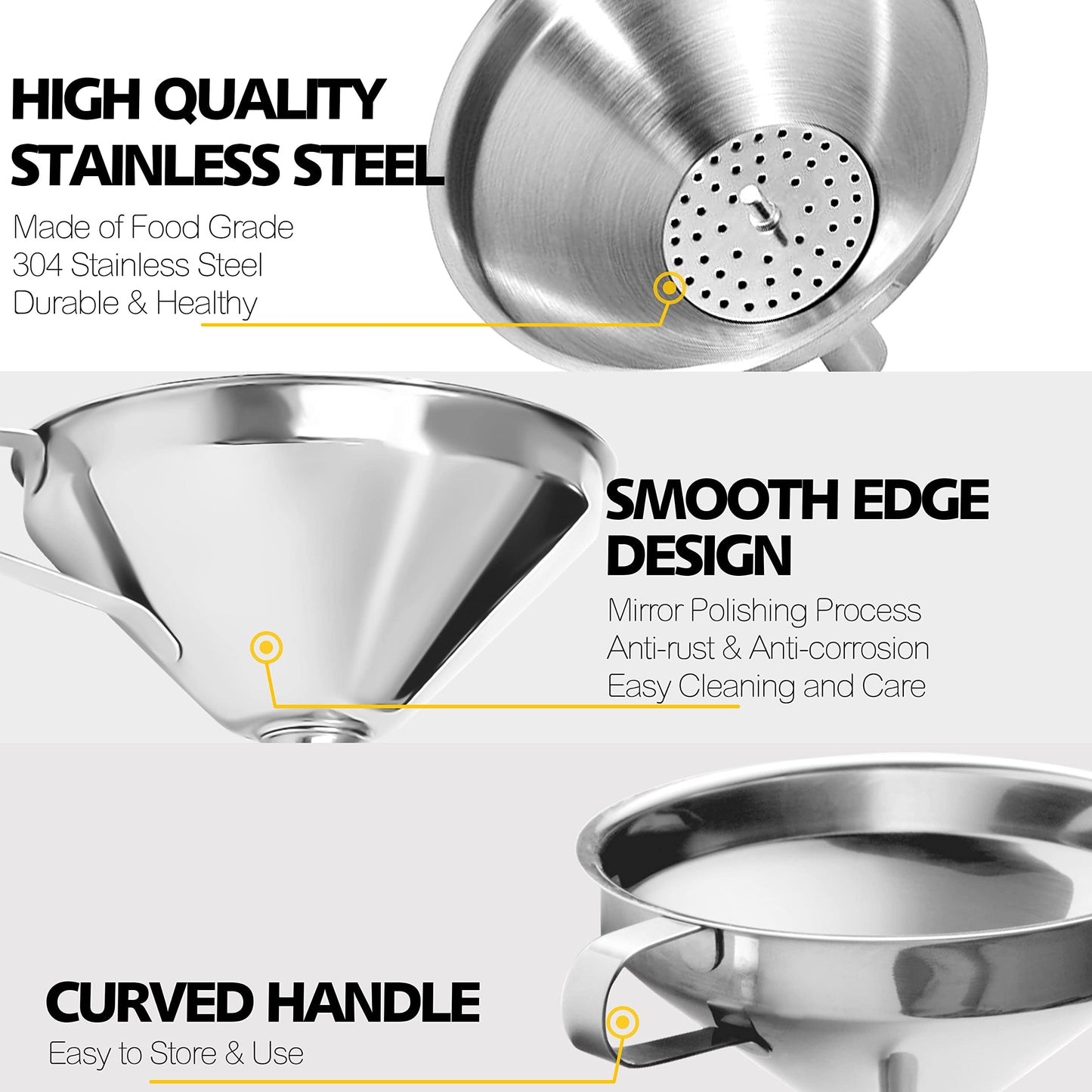 Anaeat 3 Pack Stainless Steel Kitchen Funnel Set, Multi-Use Premium Metal Food Grade Cooking Funnels with 2 Removable Strainer Filter for Transferring Liquid or Dry Ingredients & 1 Pc Cleaning Brush