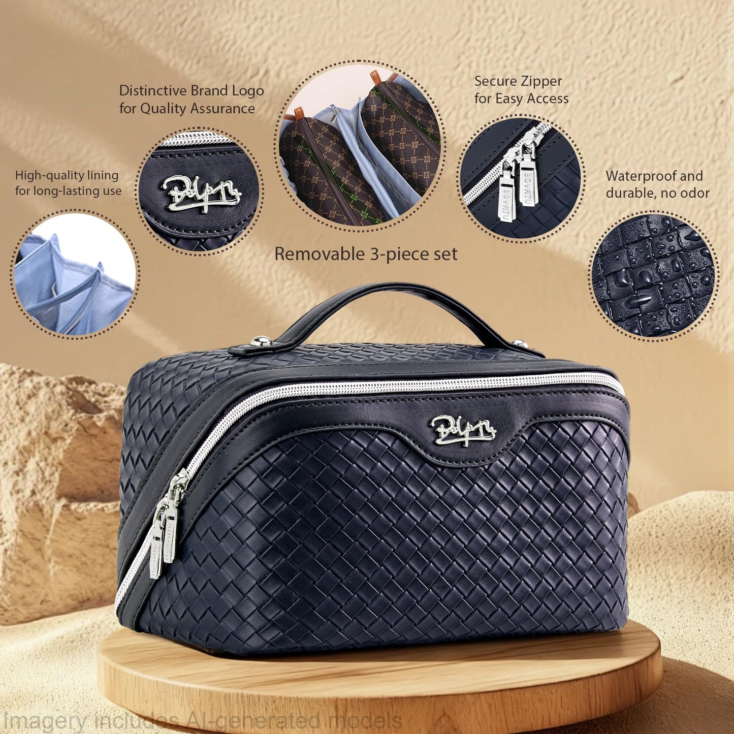 BOYATU Travel Makeup Bag Cosmetic Bags for Women: Large Capacity 3 Pcs Set Make up Bag with Compartments - Waterproof Vegan Leather Toiletry Organizer Bags with Handle (L40 Blue)