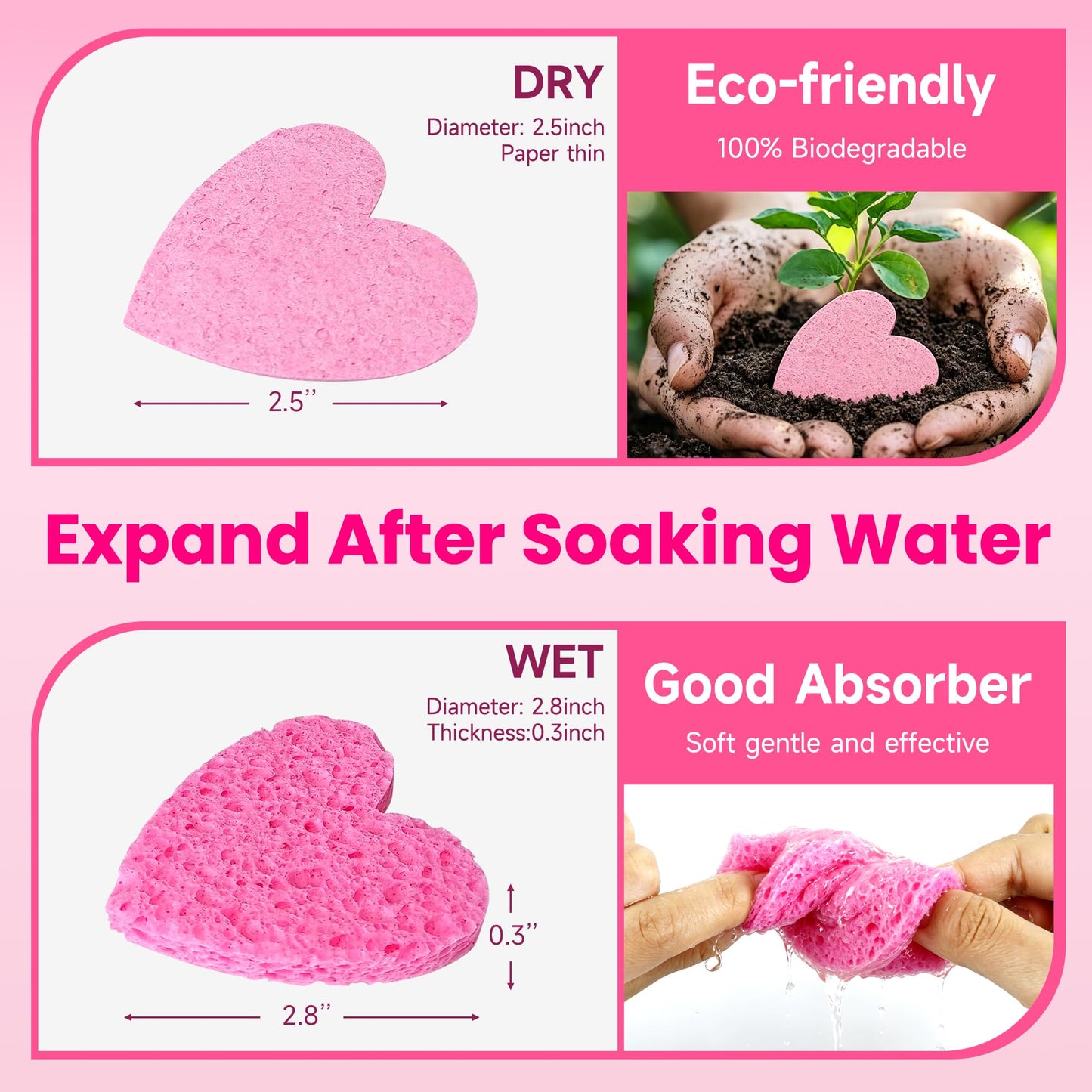 Silkyhose Women 120-Count Compressed Cellulose Heart Shape Face Facial Sponges 100% Natural Cosmetic Sponges for Facial Cleansing Exfoliating Mask Skin Massage (（Pink） 120 Count)