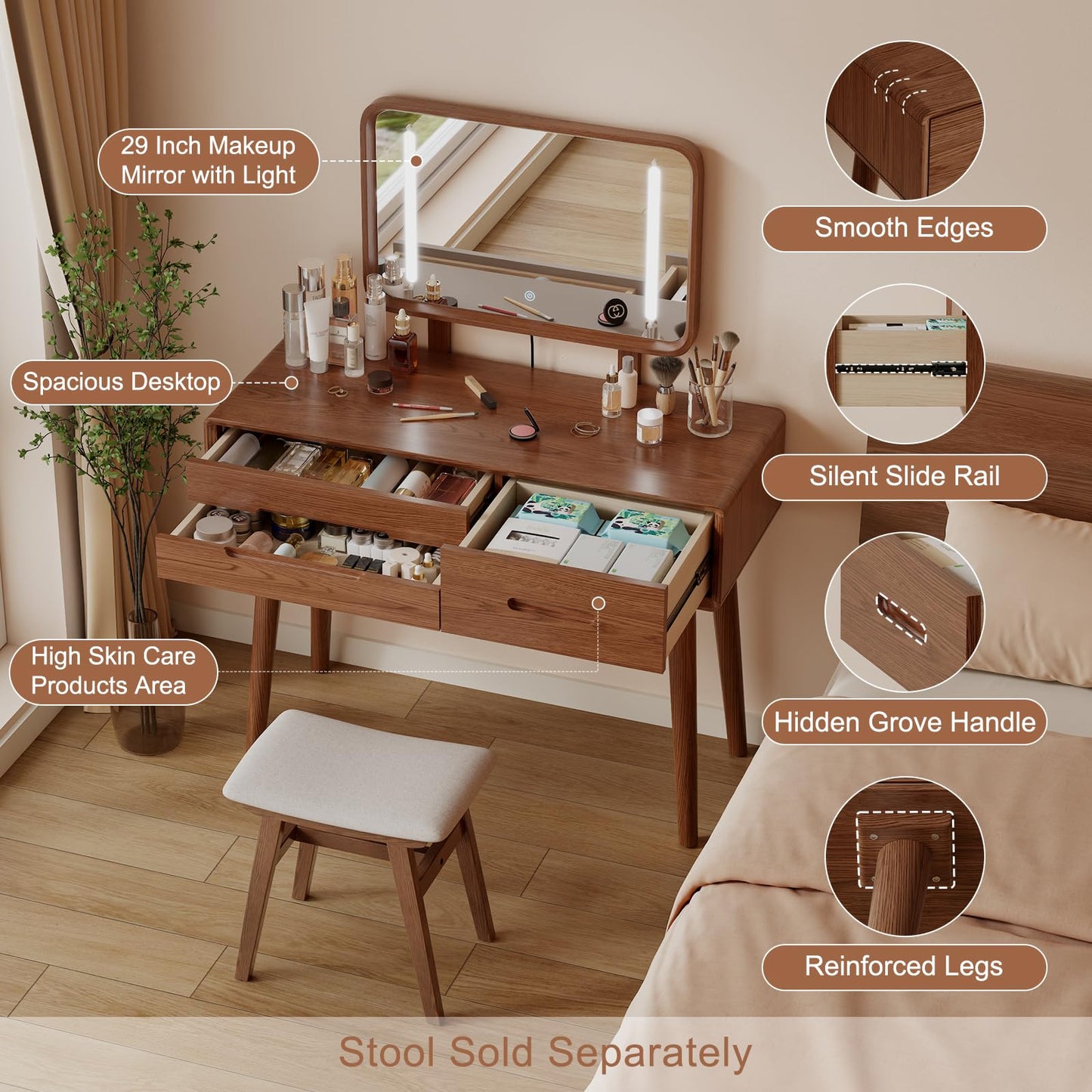 DONGMUWUJEE Solid Wood Vanity with Mirror and Lights, Adjustable Brightness, Wood Makeup Vanity with 3 Drawers, Semi-Assembled, Vanity Desk for Bedroom (Walnut)