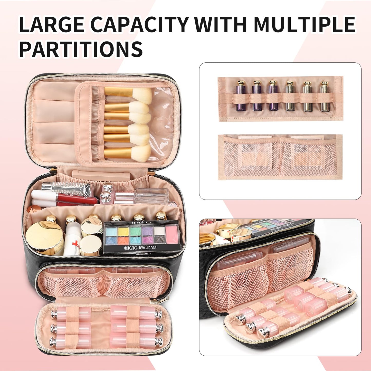 OCHEAL Makeup Bag, Multifunctional Make Up Bags with Zipper Pouch Large Compact Makeup Bag Organizer for Women Girls Cosmetics Toiletry Brushes Storage Makeup Case with Handle Divider-Black