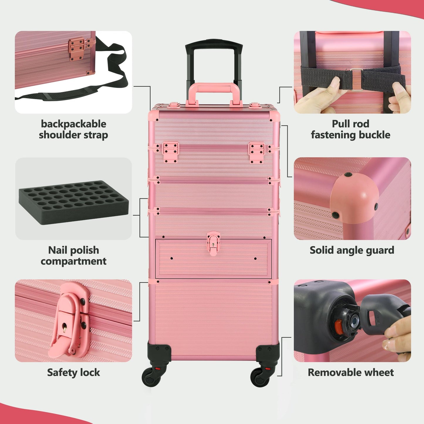 Somduy Rolling Makeup Case with Drawer, Makeup Train Case, 4 in 1Cosmetology Case on Wheels, Christmas Gift, Large Makeup Case Organizers, Profesional Cosmetic Case for Salon Barber, Light pink