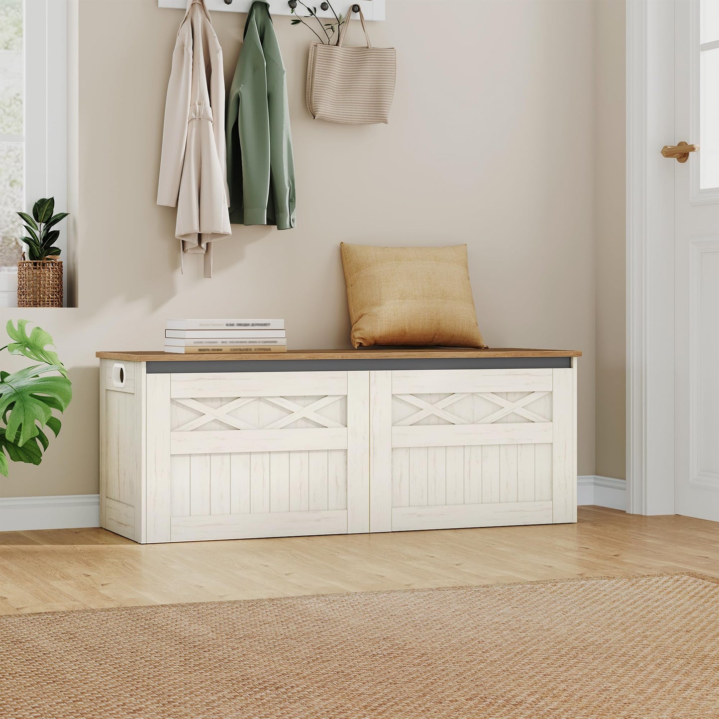 Hzuaneri 47.2" Storage Chest, Large Storage Bench with 2 Hinges, Farmhouse Wooden Box Bench, Lift-Top Organizer Chest, Wooden Bed End Bench, Suitable for Entryway, Bedroom, Retro White SB51214X