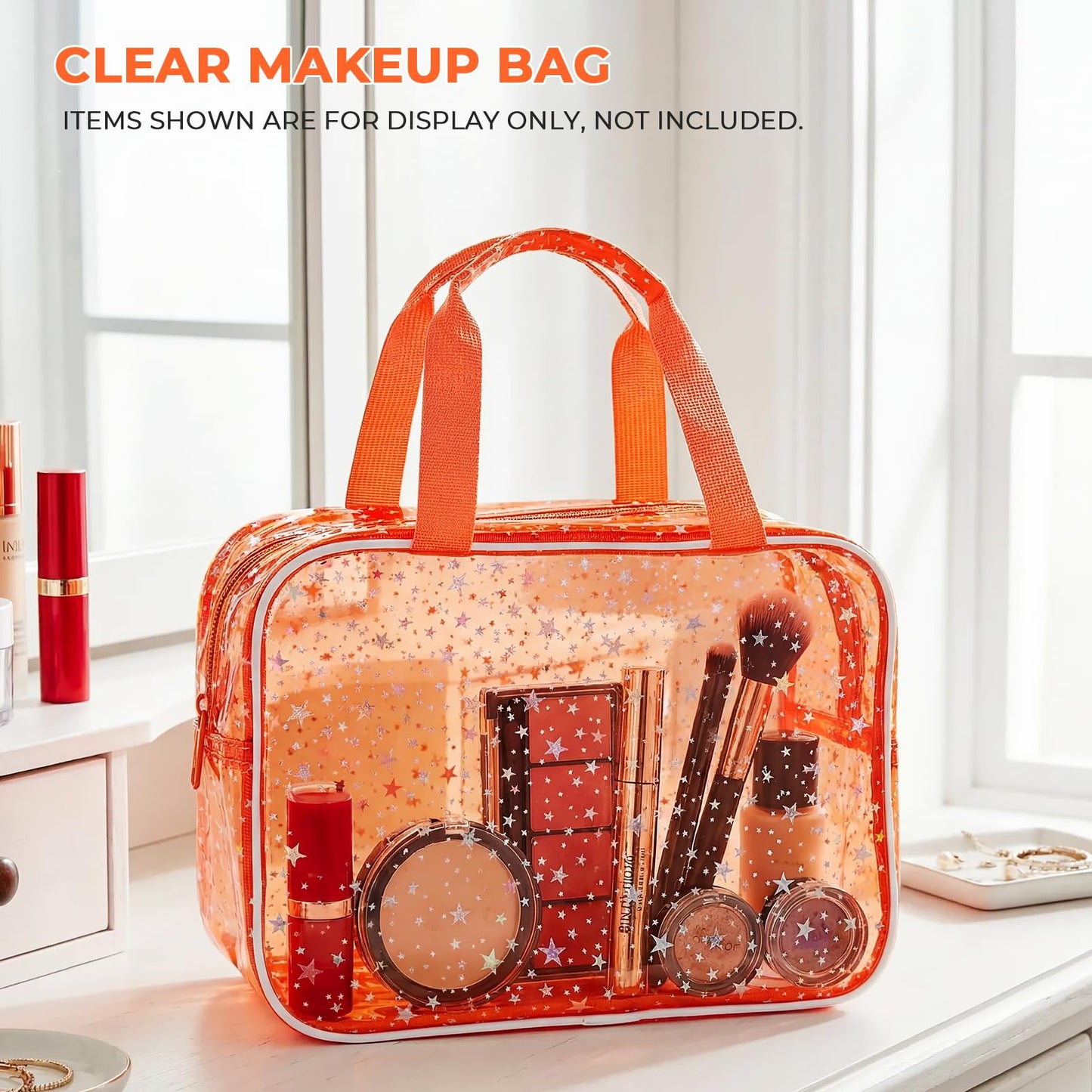 Junesters Clear Orange Star Large Makeup Bag with Star Pattern 12x5x8 inch, Travel Cosmetic Bag with Handle, Durable PVC Material Washbag Zipper Opening Design for Makeup Travel Organizer or Gym Use