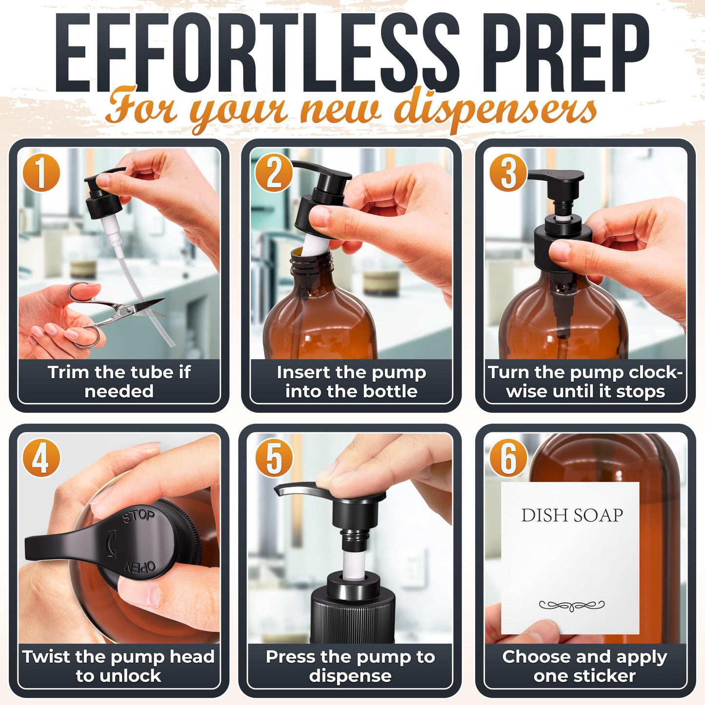 Plastic Amber Soap Dispenser with Pump Set of 3 – 16 oz Refillable Shampoo and Conditioner Bottles – Durable & Reusable for Hand Soap, Dish Soap, Lotion, Gel, Body Wash in Kitchen, Bathroom, Shower