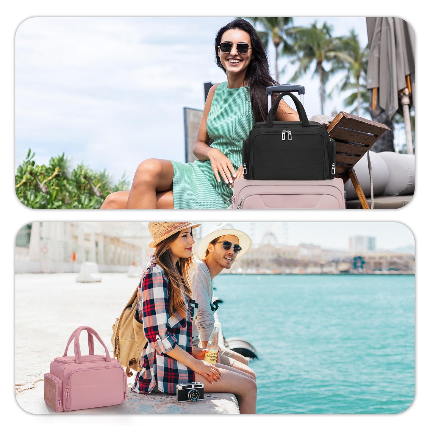 WGEAR Travel Cosmetic Bag for Women, Lightweight Wide-open Makeup Travel Bags for Toiletries with 2 Removable Dividers, Large Makeup Organizer with Brushes Board, Multi Pockets for Gym, Daily, Pink