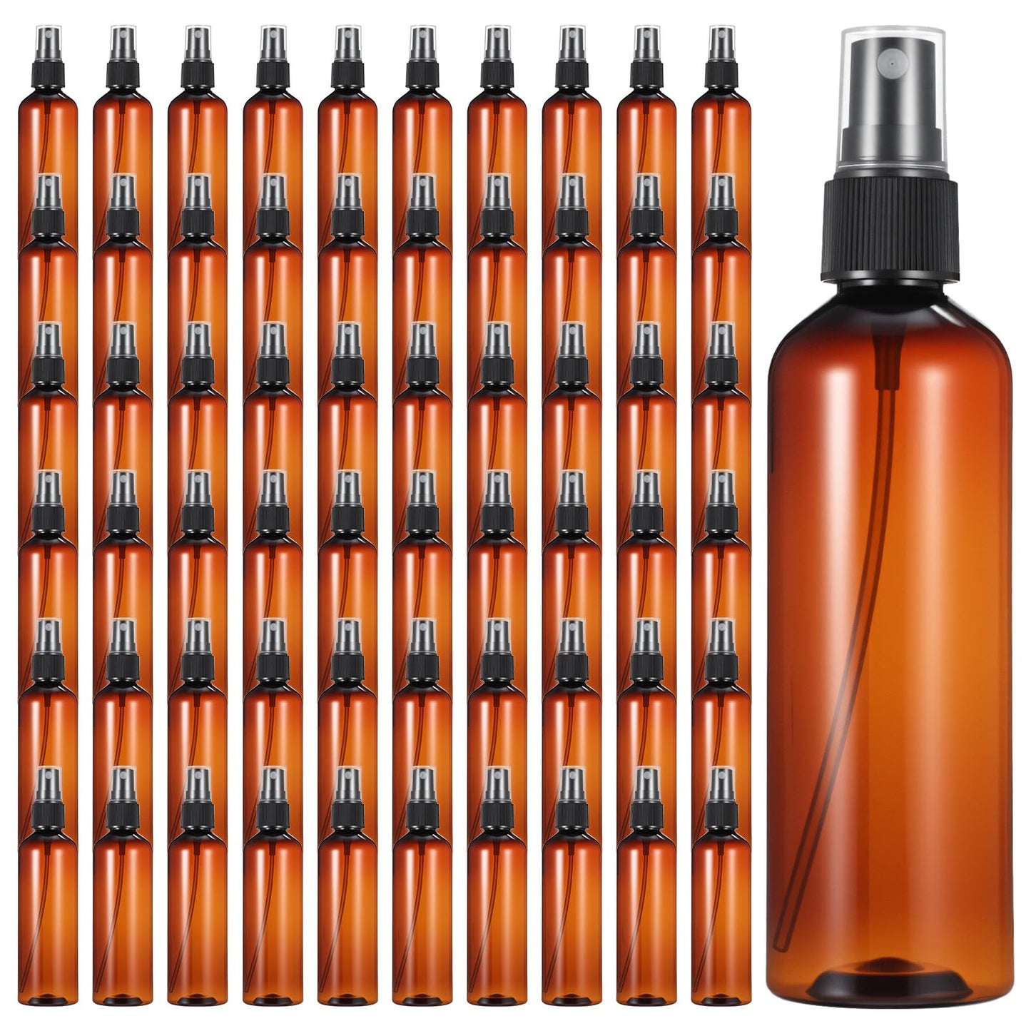 xozeooeu 60 Pack 4 Oz Amber Plastic Spray Bottles, Fine Mist Refillable Empty Travel Bottles for Essential Oils, Perfume, Toner & Cleaning Solutions