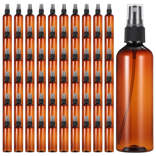 xozeooeu 60 Pack 4 Oz Amber Plastic Spray Bottles, Fine Mist Refillable Empty Travel Bottles for Essential Oils, Perfume, Toner & Cleaning Solutions