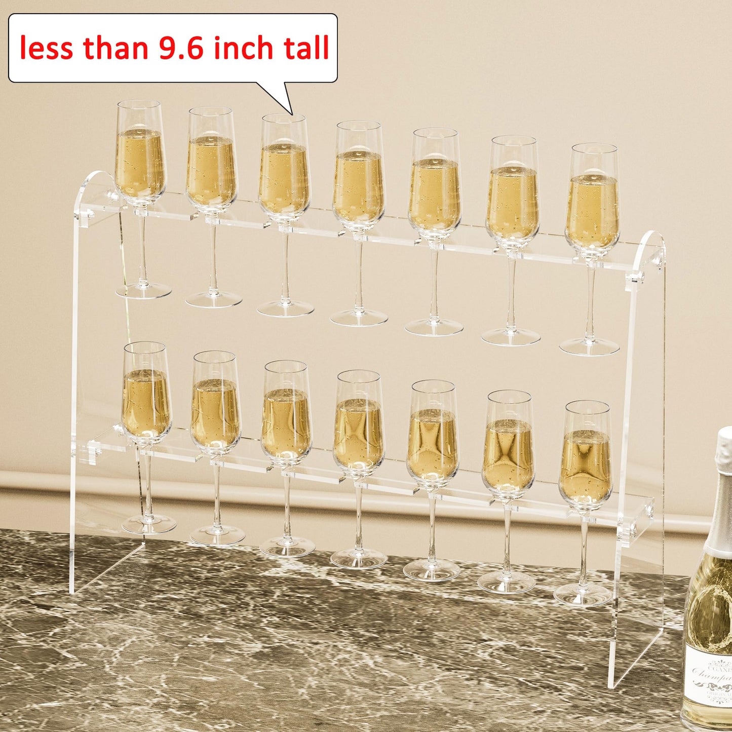 Hexsonhoma 2 Tier Acrylic Champagne Flute Holder Stand with 14 Slots, Stemware Champagne Glasses Display Rack, Tabletop Champagne Wall Holder for Party 50 Fit up to 8oz Champagne Flutes(Glasses Not included)