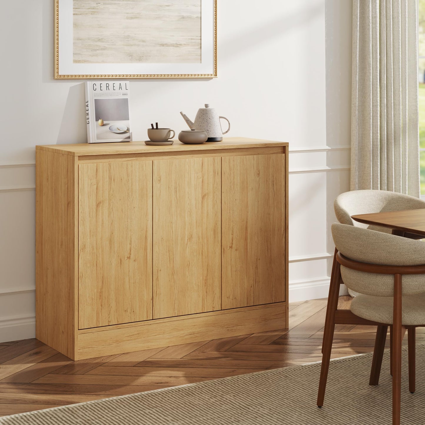 Housoul Buffet Cabinet with 3 Doors, Modern Kitchen Buffet Sideboard, Wood Coffee Bar Cabinets with Adjustable Shelf for Living Room, Dining Room, Entryway, Natural