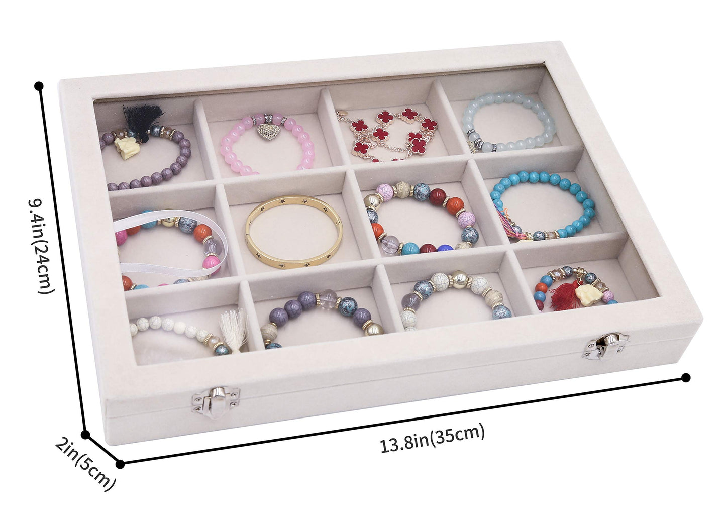 Stratalife Jewelry Organizer Bracelet Organizer Storage Box 12 Grid Stackable Jewelry Tray with Lid Velvet Jewelry Box for Drawer Necklace Bracelet Display Storage Organizer Box (Beige)
