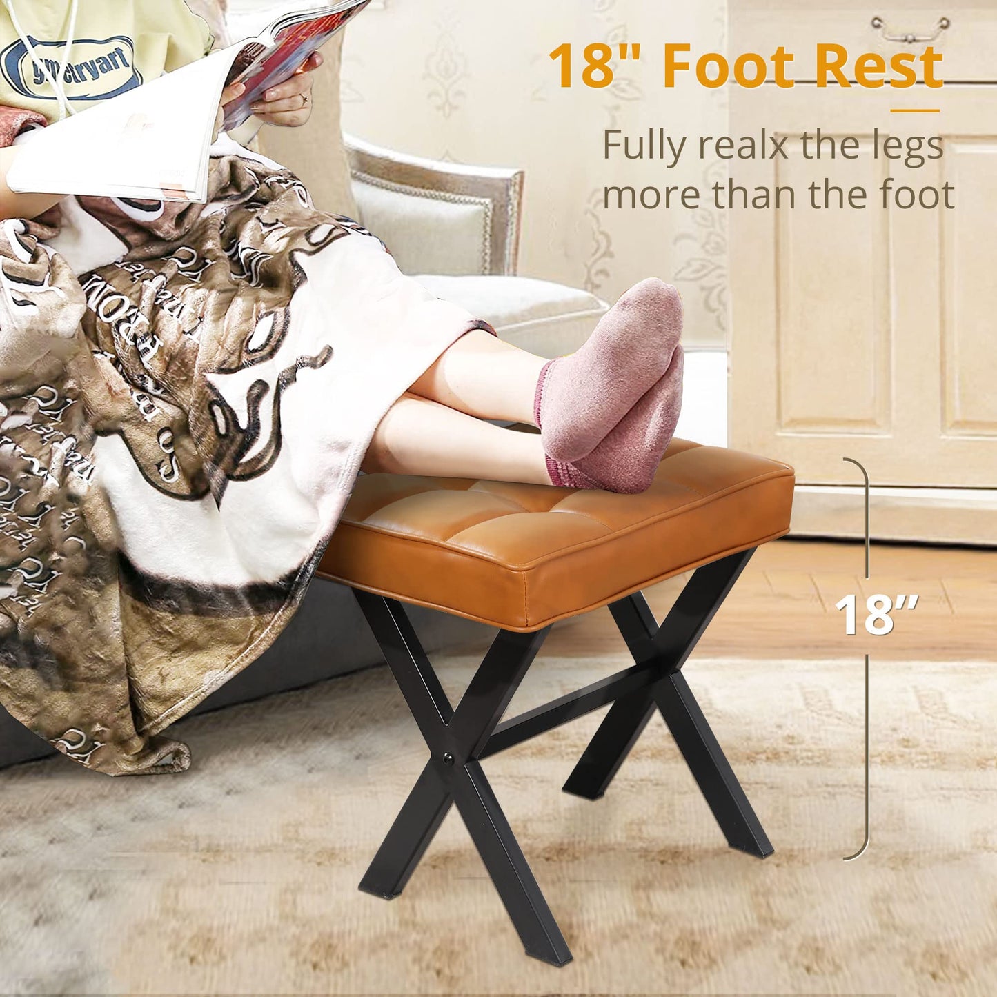 LUE BONA Vanity Stool, Faux Leather X-Leg Foot Stool, Small Ottoman Makeup Stool Chair for Vanity, Modern Padded Foot Rest Vanity Seat for Makeup Room, Bathroom, Whiskey Brown