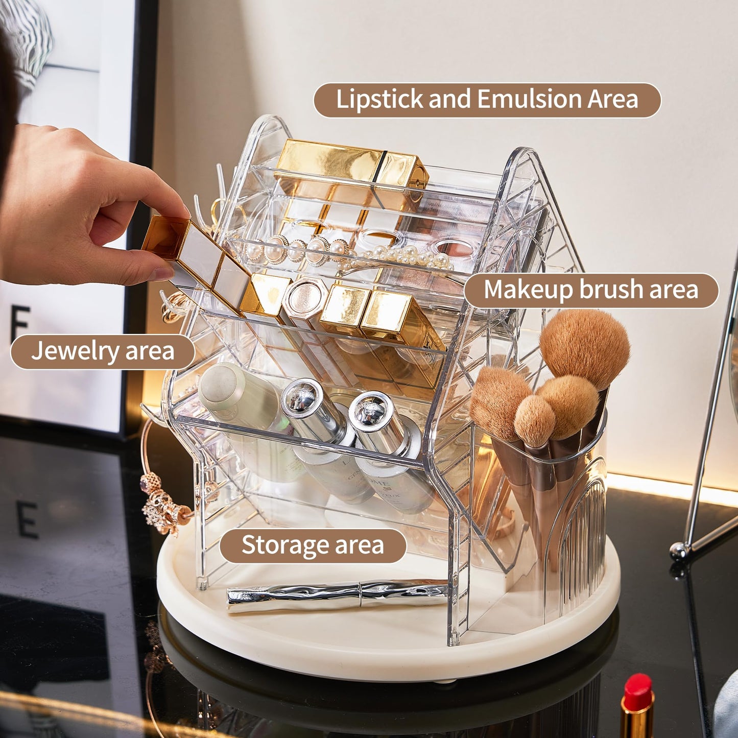 WMBOOX 360° Rotating Makeup Organizer, Multi-Compartment Cosmetic Storage Organizer for Vanity, Clear Skincare & Jewelry Organizer with Large Capacity for Lipstick, Brushes, Perfume & Accessories