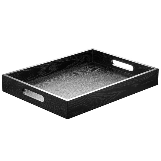 ATZYmolin Wood Serving Tray with Handles, Home Decorative Wooden Rectangle Ottoman Decor Platter Vanity Tray for Breakfast Dinner Drinks Kitchen Dining Living Bathroom Restaurants Black