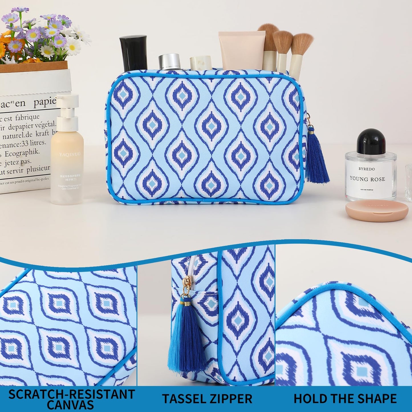 EMBRUNIOICE Makeup Bag Travel Cosmetic Bag Organizer Tassel Toiletry Bag Large Canvas Zipper Pouch Mahjong Tile Bag (Ikat Blue)
