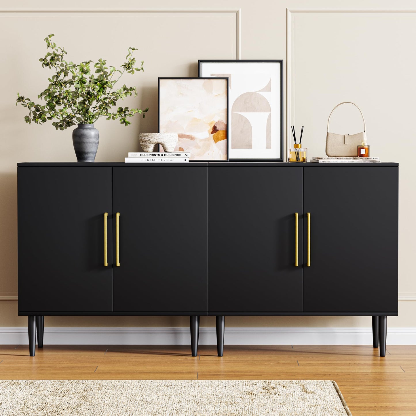 Fkhouse Black Buffet Cabinet, Free Standing Sideboard with Storage, Wood Accent Cabinet with Doors,Modern Credenza, Sideboard Storage Cabinet for Living Room, Dining Room(1, Black & Gold)