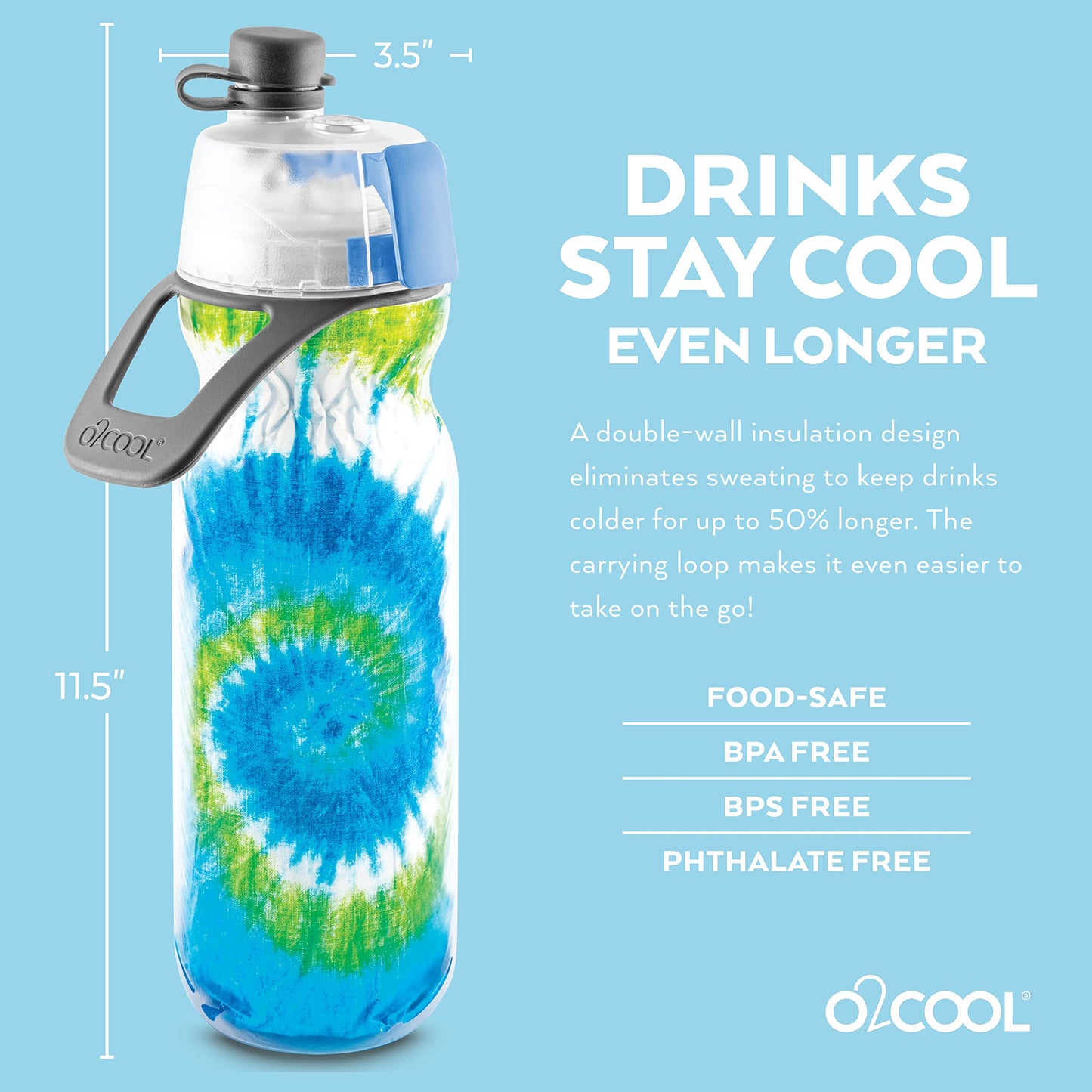 O2COOL Mist 'N Sip Misting Water Bottle 2-in-1 Mist And Sip Function With No Leak Pull Top Spout Reusable Sports Water Bottle - 20 oz (Tie Dye Blue)
