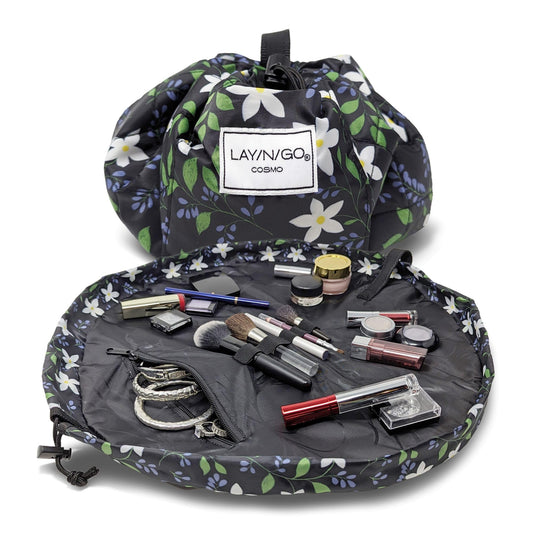 Lay-n-Go Cosmo Drawstring Cosmetic & Makeup Bag Organizer - Portable Drawstring Makeup Bag w/Zipper Pocket, Makeup Loops & More - Durable, Machine Washable Toiletry Bag (20", Floral Large)