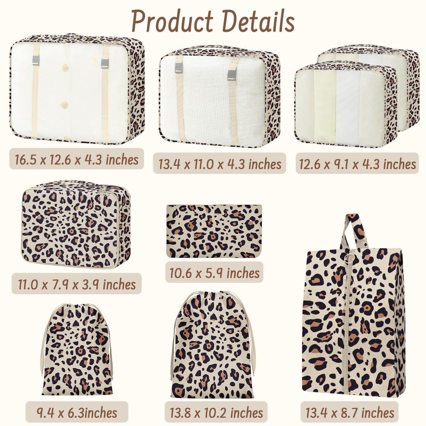Woobolsalike 9 Set Packing Cubes for Travel Essentials - Lightweight Carry-On Luggage Organizer Bags with Shoe, Clothes & Laundry Bags for Airplane, Family & Business Travel, Leopard print