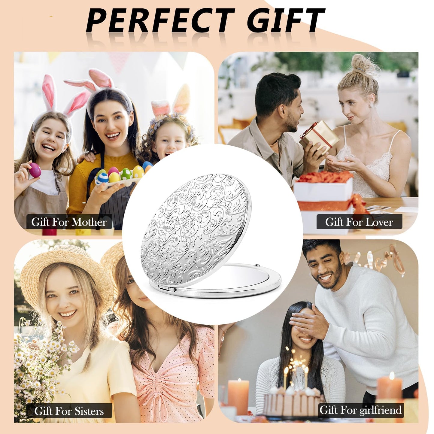 EYIWEITING Oval Mini Portable Metal Folding Mirror, Beautiful and Elegant, Sturdy and Durable, 1X/2X Magnifier. (Oval Pattern Silver)