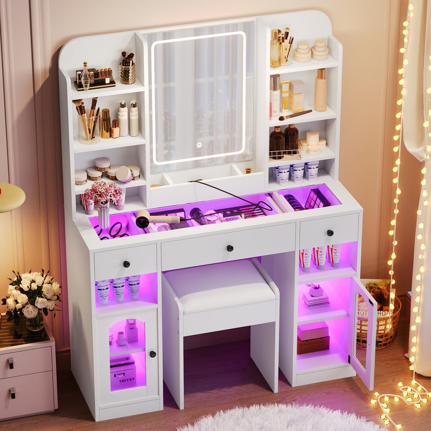 43.2" Vanity Desk with LED Mirror and RGB Glass Light Cabinets, Dressing Table with 3 Drawers, Storage Shelves, Glass Top, Adjustable 3-Color Lighting, Charging Station and Stool for Bedroom, White