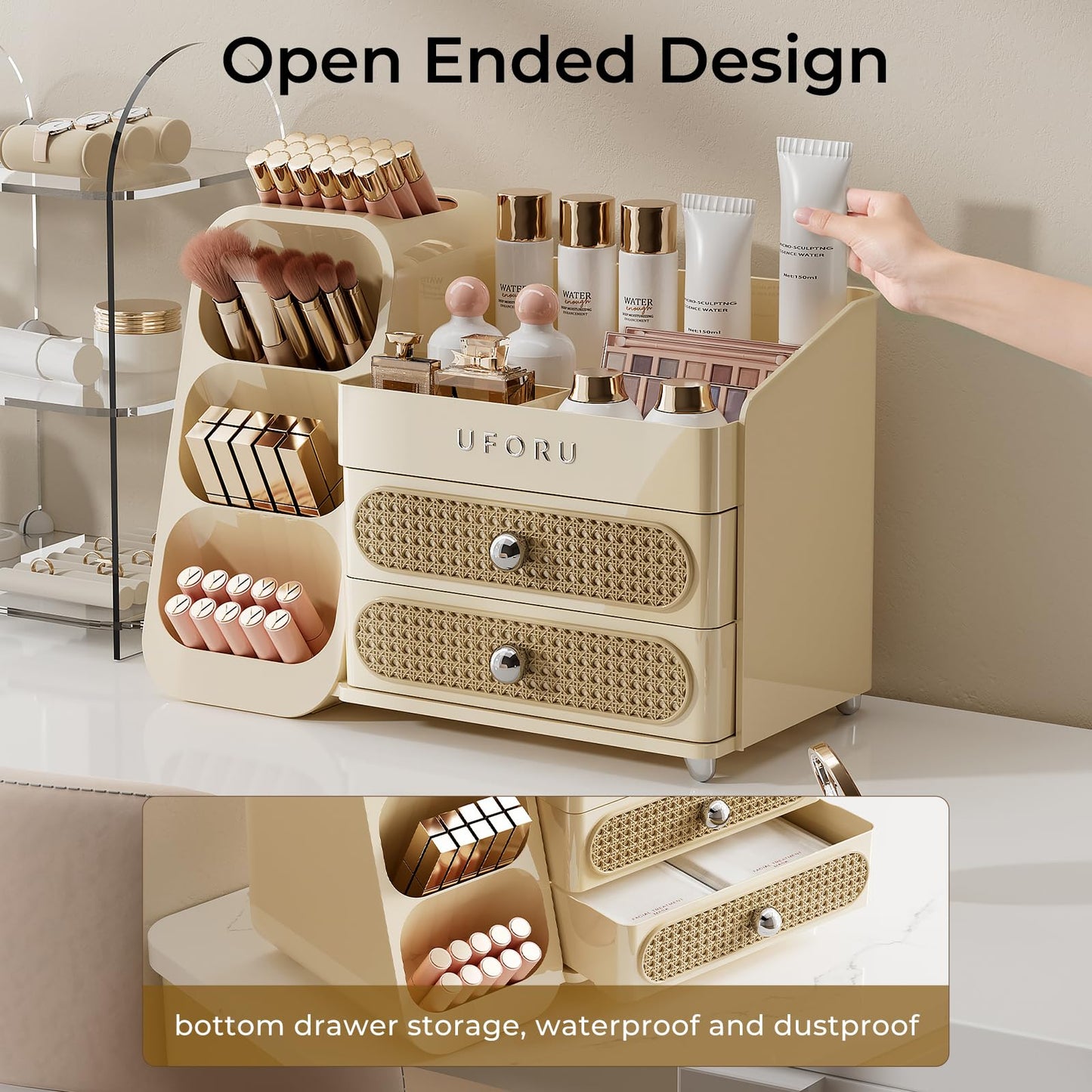 UFORU Makeup Organizer for Vanity with Brush Holder, Large Capacity Bathroom Countertop Skincare Organizer with 2 Drawers, Cosmetic Display Case for Perfumes, Eyeshadow Palettes, Nail Polishes