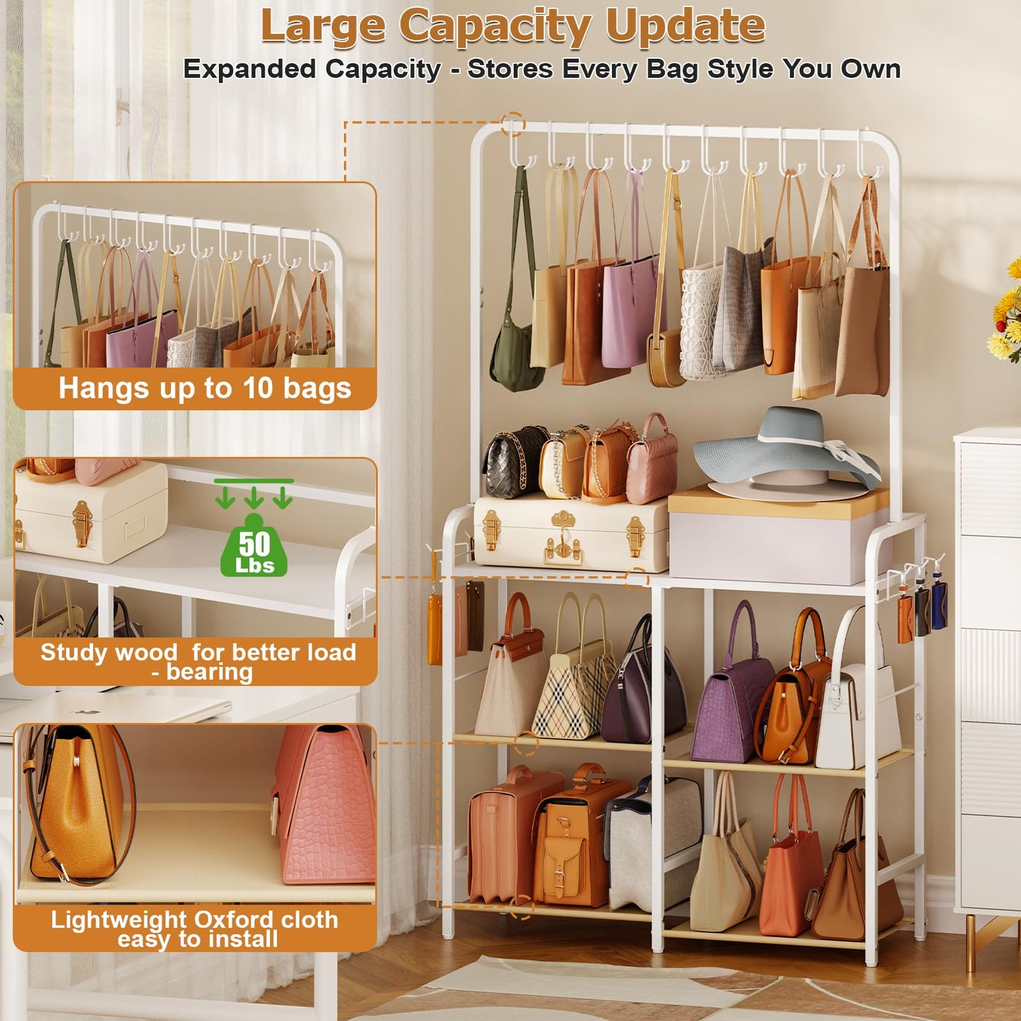 Large Purse Organizer for women with 10 Purse Hanger, 3-Tier Double Row Purse Rack Stand with 6 Side Hooks for Purse Storage, Space Saving Floor-Standing Handbag Organizer for Closet & Narrow Spaces
