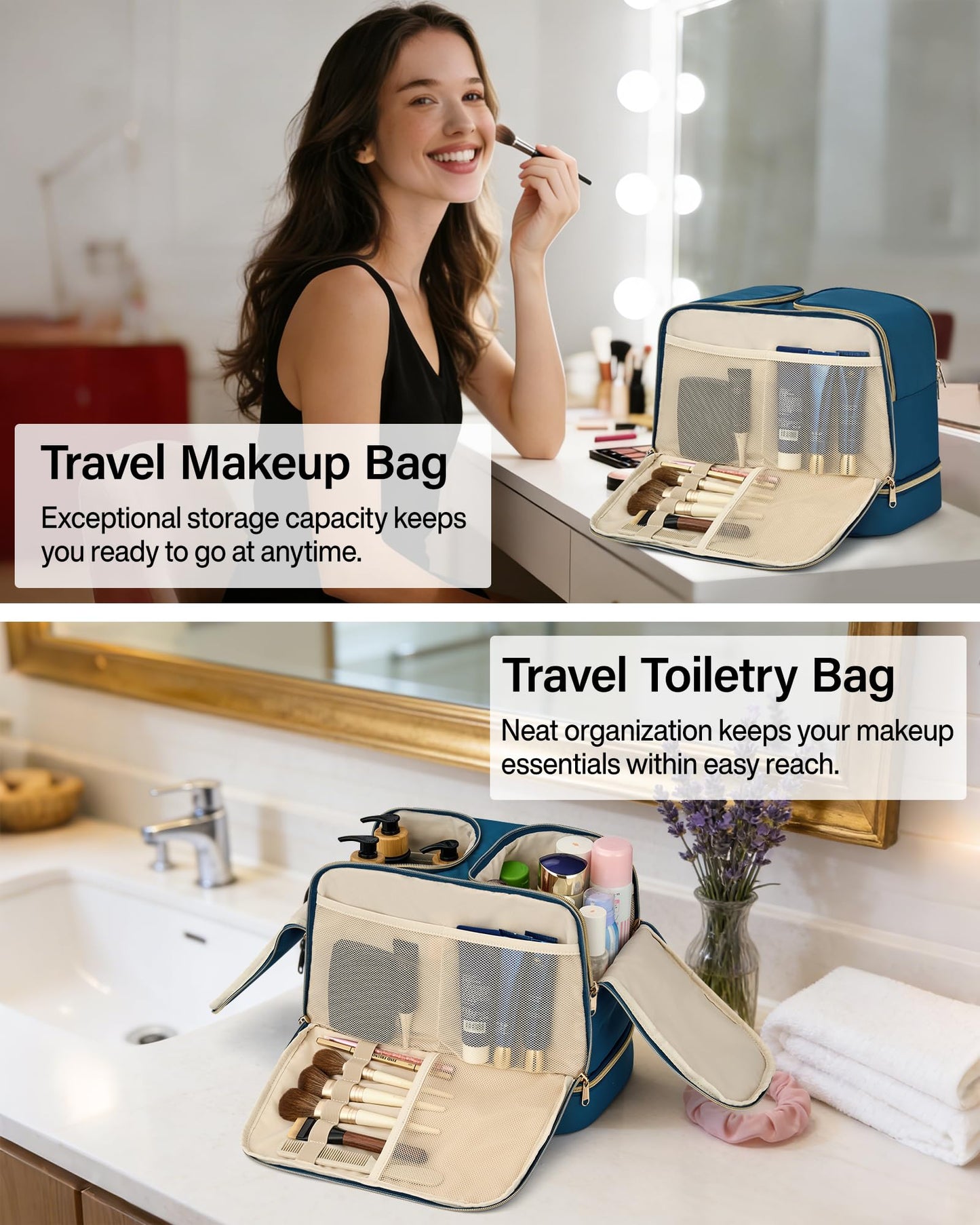 Hanke Travel Toiletry Bag, Lightweight Wide-open Large Toiletry Bags for Women, Dual-Layer Makeup Bag Water-Resistant Cosmetic Travel Bag with Handle for Accessories, Essentials, Navy Blue