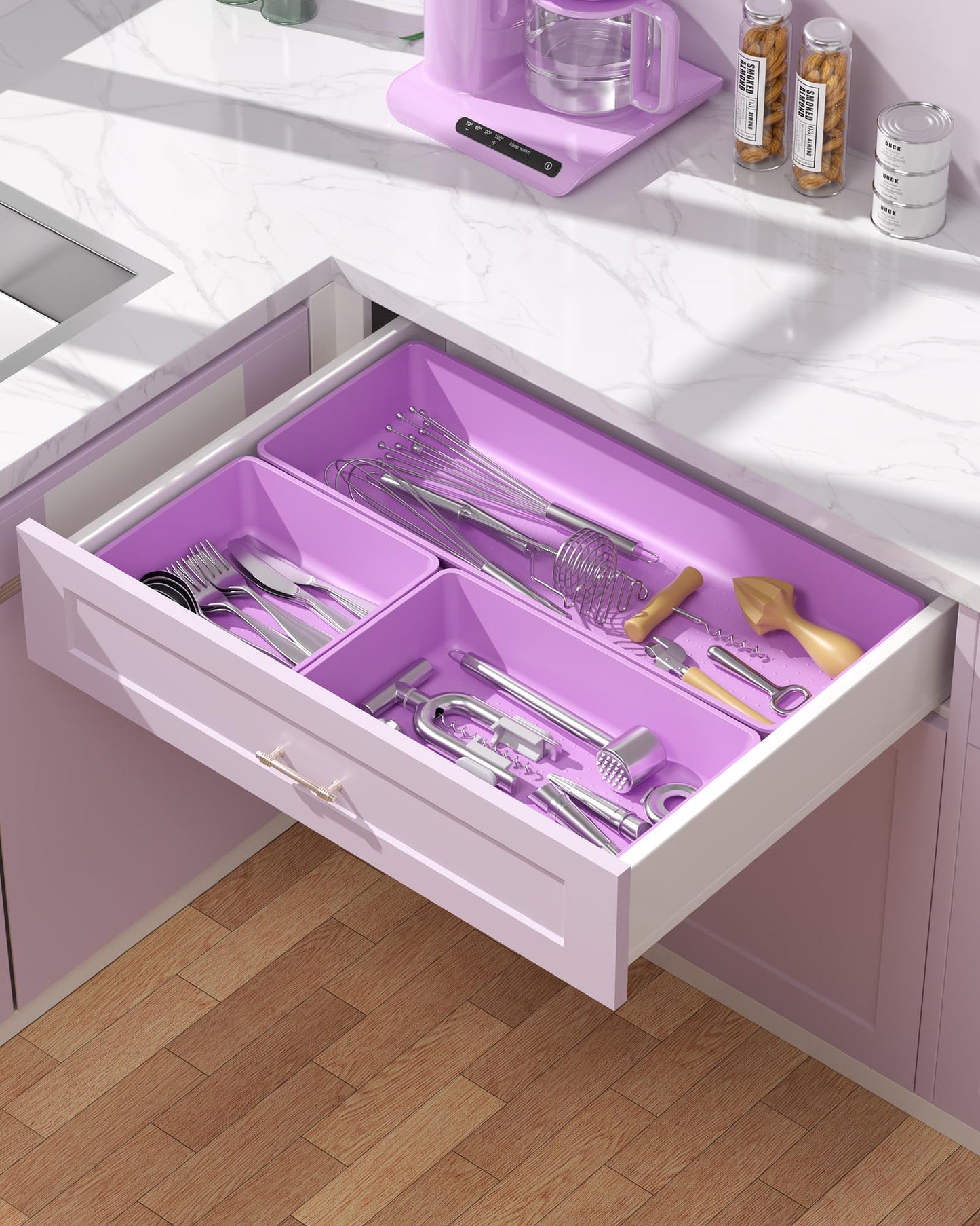 MLIKLU 10 Pack Large Size Plastic Drawer Organizers Set, 3 Sizes Desk Drawer Organizer Trays, Storage Bins for Vanity, Makeup, Bathroom, Kitchen Utensils and Office (Purple)