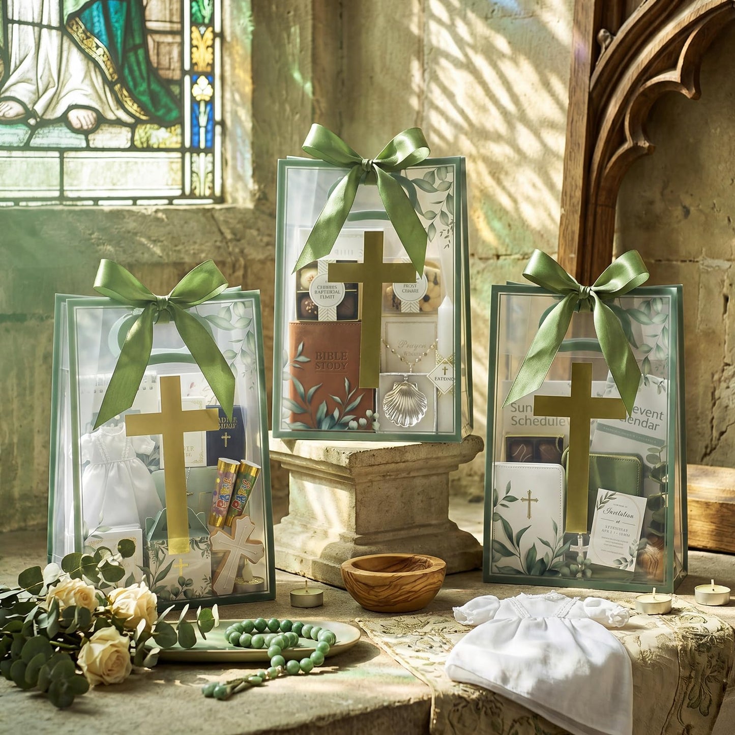 Gilprop 20 Pcs Religious Baptism Party Favor Bags Clear Gift Bags with Handles Ribbon for First Communion, Gold Cross Religious Christening Church Christian Baptism Supplies, 10 x 7 Inch (Green)