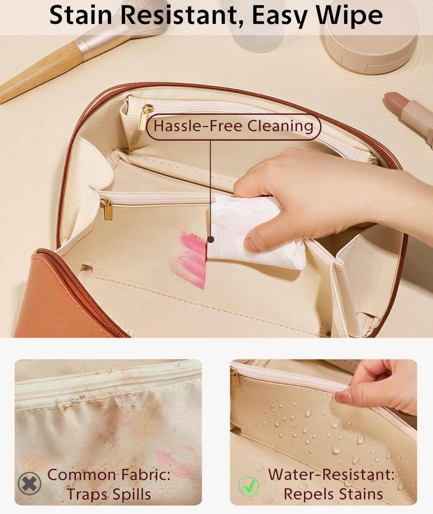 ALEXTINA Travel Makeup Bag Organizer for Women, Large Capacity Cosmetic Make up Bag with 180° Open-Flat Design & Collapsible Handle, Waterproof Vegan Leather Toiletry Bag for Travel Essentials, Brown