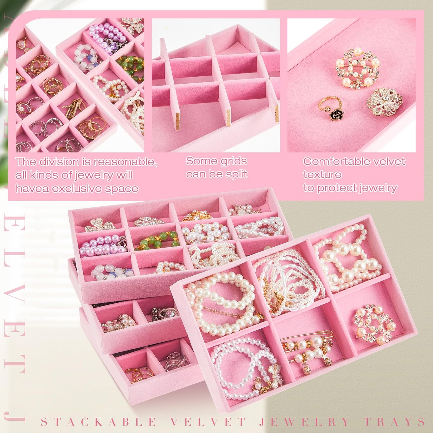 Junkin 12 Pcs Jewelry Tray Velvet Stackable Jewelry Organizer Trays Divided Earring Accessories Storage Containers Box(Pink)