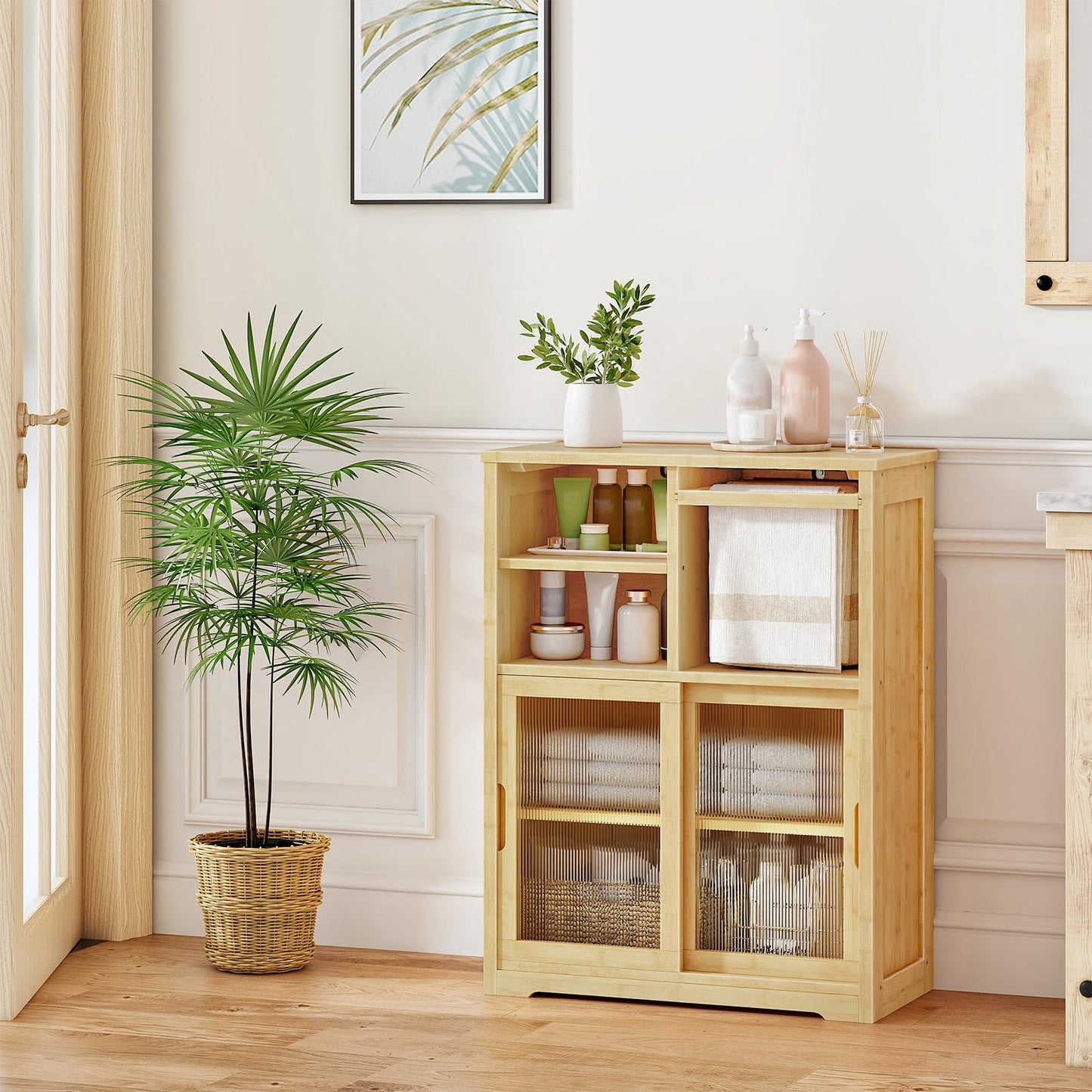 HOOBRO Bathroom Floor Cabinet, Small Bathroom Cabinet with 2 Doors, Floor Storage Cabinet, Bamboo Organizer Cabinet with Adjustable Shelves for Living Room, Dining Room, Entryway, Natural