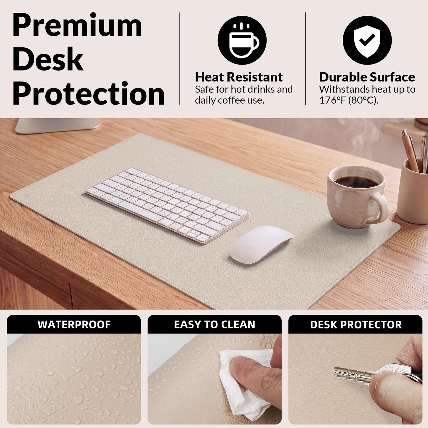Leather Desk pad Protector, Large Desk mat with Natural Cork & PU Leather,Mouse pad,Non-Slip Office Desk Mat,Waterproof Desk Writing Pad for Office and Home (35in*17in,Beige)