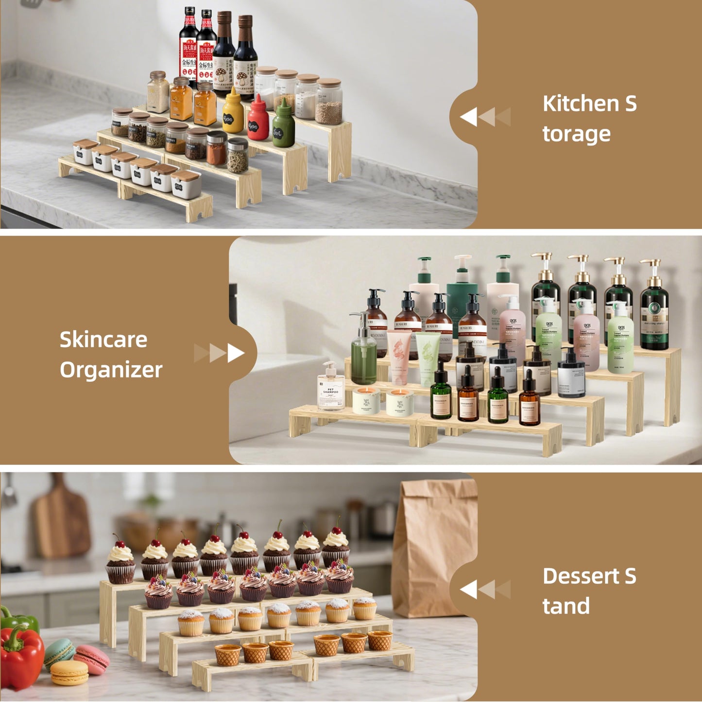 Large 4 Set wood tone Wooden Tiered Display Stands 4 Tier Stackable Pine Wood Display Risers, Suitable for Vendor Events, Cupcake Stands, cake stand Wooden Dessert Table Sets, Vendor Booth Displays,Cosmetic & Perfume Display Tools, Kitchen Spice Storage,
