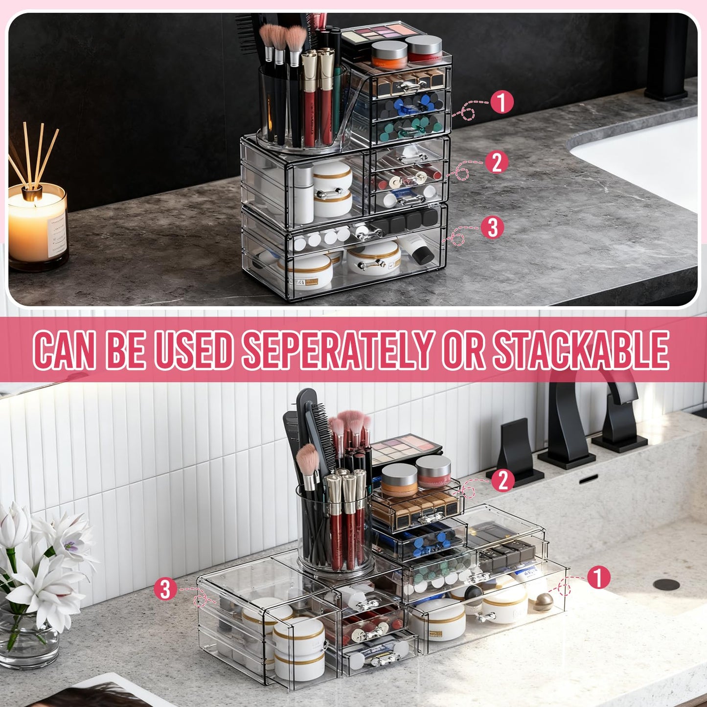 ShineMe Clear Makeup Organizer with 9 Drawers, 3 Tier Stackable Makeup Storage Organizer with Rotating Brush Holder, Acrylic Countertop Makeup Organizer for Vanity Skincare Jewelry Hair Accessories