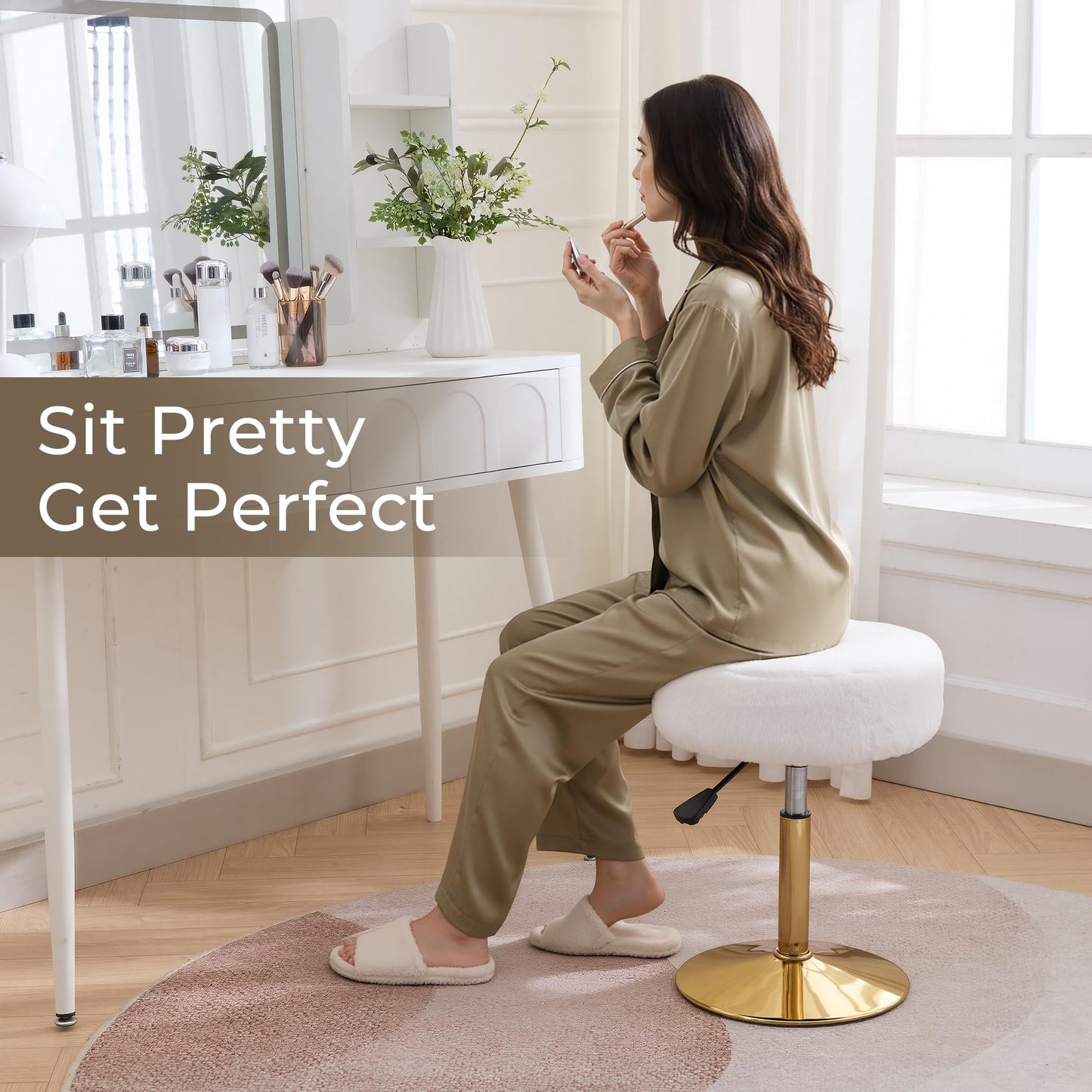 Xenothos Vanity Chair Adjustable Vanity Stool for Vanity Swivel Vanity Stool Chair Ottoman Gold Base White
