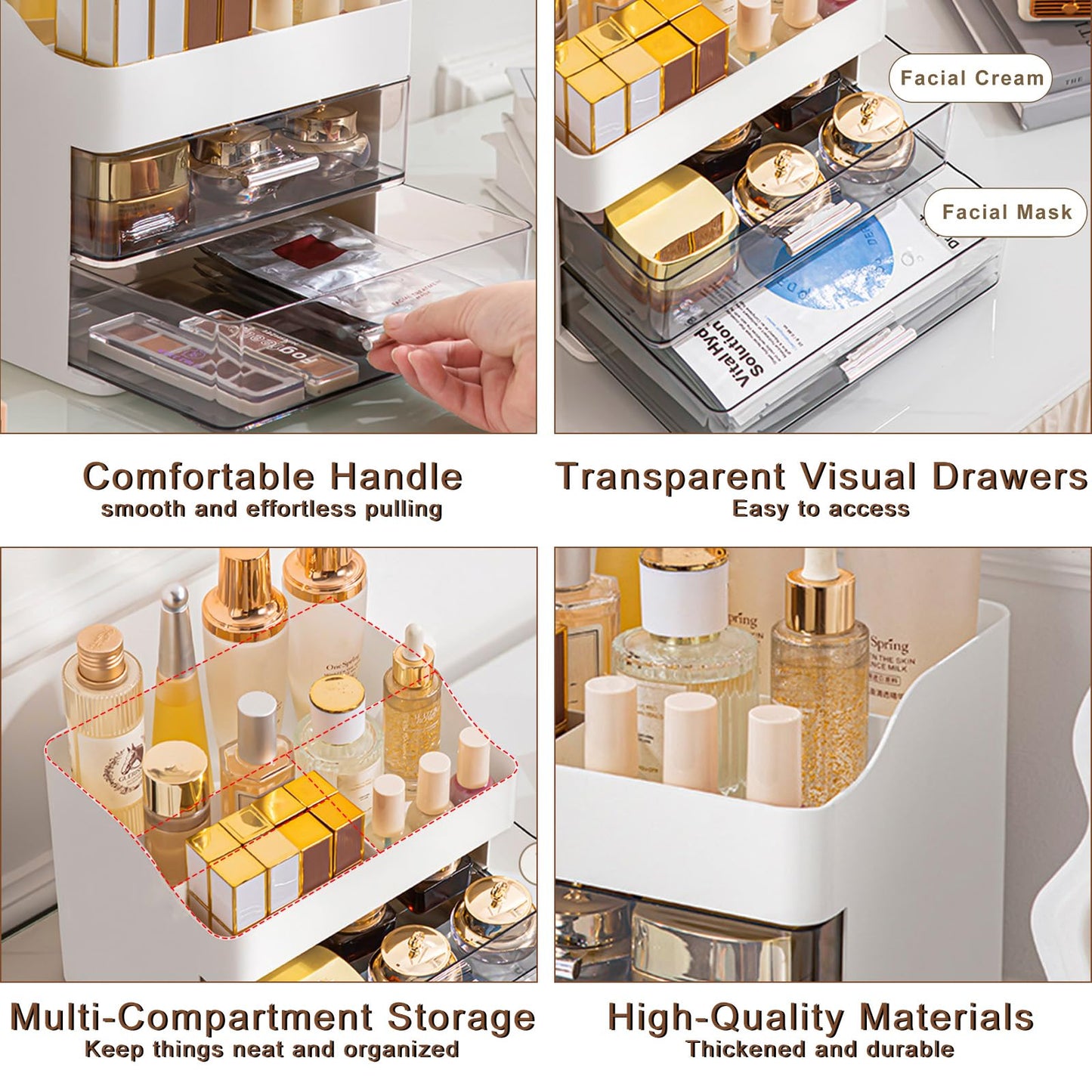 DASITON Makeup Organizer with 2 Drawers, Large Capacity Makeup Cosmetic Organizers for Vanity Dresser Bathroom Countertop, Vanity Organizer Makeup Storage Box for Skincare, Eyeshadow, Lotions (White)