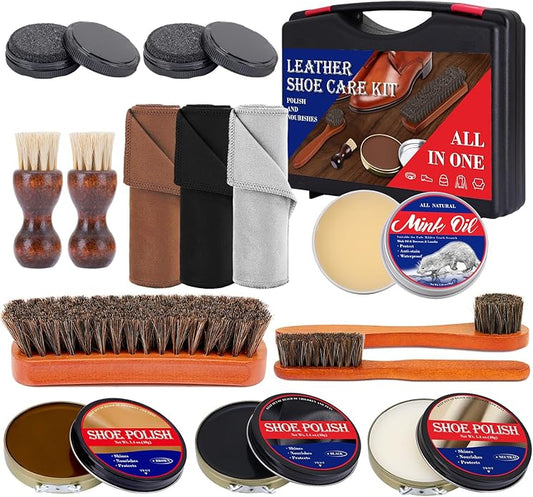 15pcs Shoe Shine Kit, Shoe Polish Kit, Leather Boot Care Kit, with Horsehair Brush&Wooden Applicator – Portable Travel Shoe Polish Kit for Brown/Black/Neutral Shoes