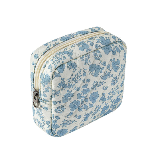 Small Quilted Cotton Makeup Bag for Purse, Cosmetic Bag with Compartments, Cotton Aesthetic Makeup Bag, Travel Toiletry Pouch, Key Pocket Lipstick Bag Card Holder Data Cable Organizer (02Light Blue)