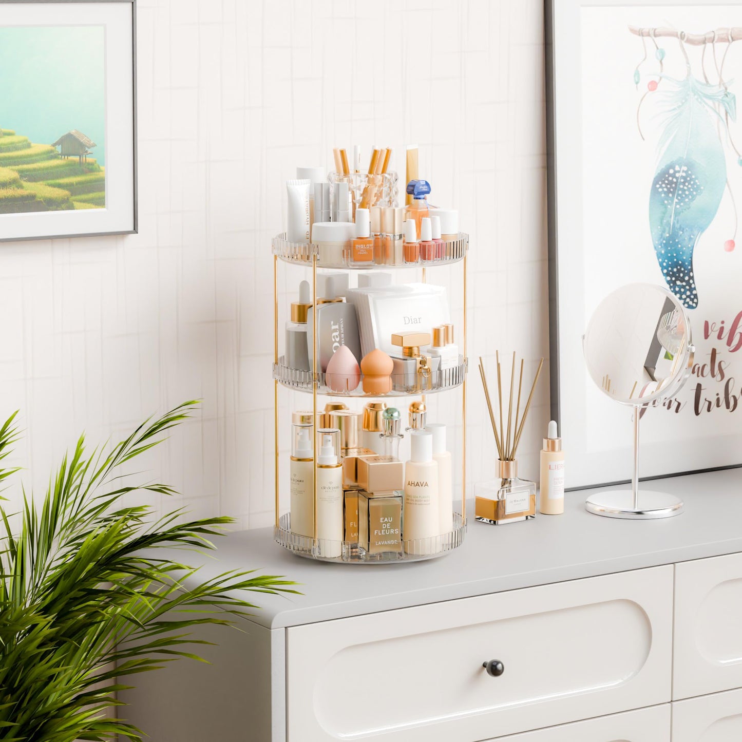 Yieach Acrylic 360 Rotating Makeup Organizer and Perfume Organizer,3 Tier Make Up Holder and Acrylic Skincare Organizers for Countertop,Vanity,Bathroom,Clear Spinning Beauty Organizer for Face Product