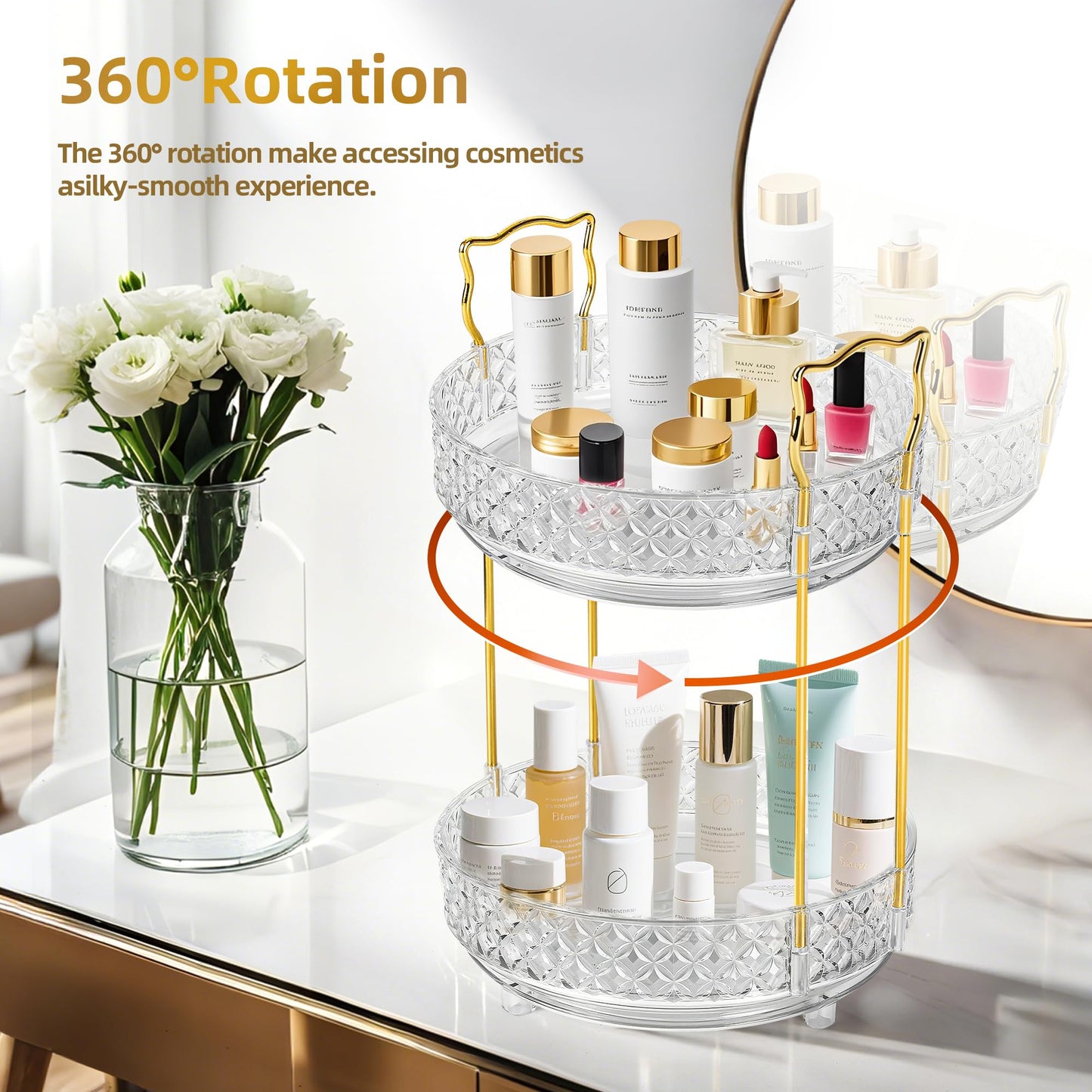 LAREKUN 360 Rotating Makeup Organizer for Vanity, Adjustable Perfume Organizer for Dresser, Multi-Function Spinning Cosmetics Skincare Storage for Bedroom, Dresser, Countertop, Clear
