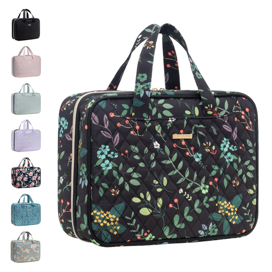 Everfun Travel Toiletry Bag with Hanging Hook and Leakproof Wet/Dry Compartments, Large Capacity Makeup Cosmetic Organizer for Women, 12x9x4.5 Inch, Black Leaves