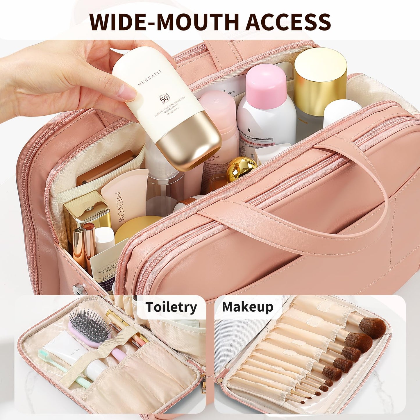 Large Travel Makeup Bag for Women with Luggage Sleeve and Reinforced Dual Handles, Featuring 10 Independent Elastic Brush Slots and 25 Pockets, Large Capacity Waterproof Cosmetic & Toiletry Organizer